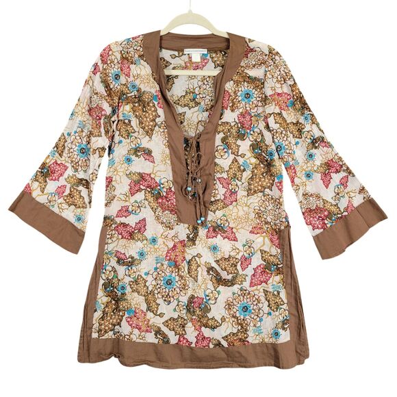 Diane Von Furstenberg Tops - DIANE VON FURSTENBERG Floral Boho Bell Sleeve Peasant Lace Up Tunic Top ~SIZE XS